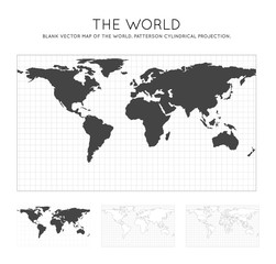 Map of The World. Patterson cylindrical projection. Globe with latitude and longitude lines. World map on meridians and parallels background. Vector illustration.