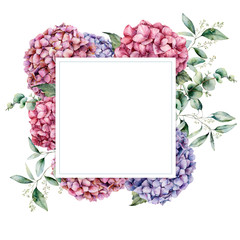 Watercolor border with eucalyptus leaves and hydrangea. Hand painted botanical card with branch and flowers isolated on white background. Floral illustration for design, print, fabric or background.