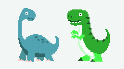Cute pixel dinosaur isolated on white background, green animal, pixel predator, vector illustration with tyrannosaur, digital imaging with pixel icon