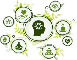 natural mindfulness / meditation / relaxation icon concept – green mindful living, awareness, stress-relief - vector illustration