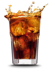 Cola splashing out of a glass., Isolated white background. - obrazy, fototapety, plakaty