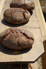 Freshly baked bread baked in a wood oven according to an old recipe wood stove