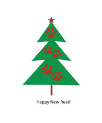 Tree with paw prints. New year greeting card