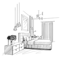 Bedroom interior vector sketch. - 284569357