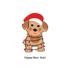 Cute dog with Santa Claus hat and light bulb. Happy new year greeting card