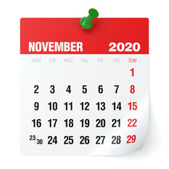 November 2020 - Calendar. Isolated on White Background. 3D Illustration