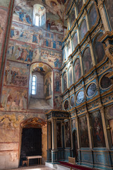 Fototapeta na wymiar Ancient fresqoes on the walls of the Saint Sophia Cathedral in the Vologda. The interior walls are covered with frescoes between 1685 and 1687 .