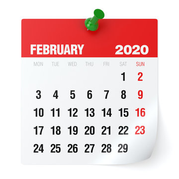 February 2020 - Calendar. Isolated on White Background. 3D Illustration