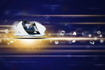 Young woman driving a futuristic car in cyberspace