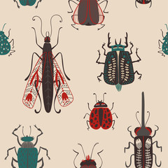 Folk Art Seamless Pattern With Bugs. © Annykos