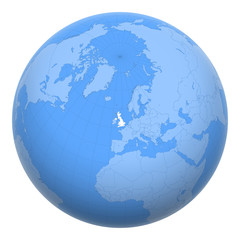 United Kingdom (UK) on the globe. Earth centered at the location of The United Kingdom of Great Britain and Northern Ireland. Map of Britain. Includes layer with capital cities.