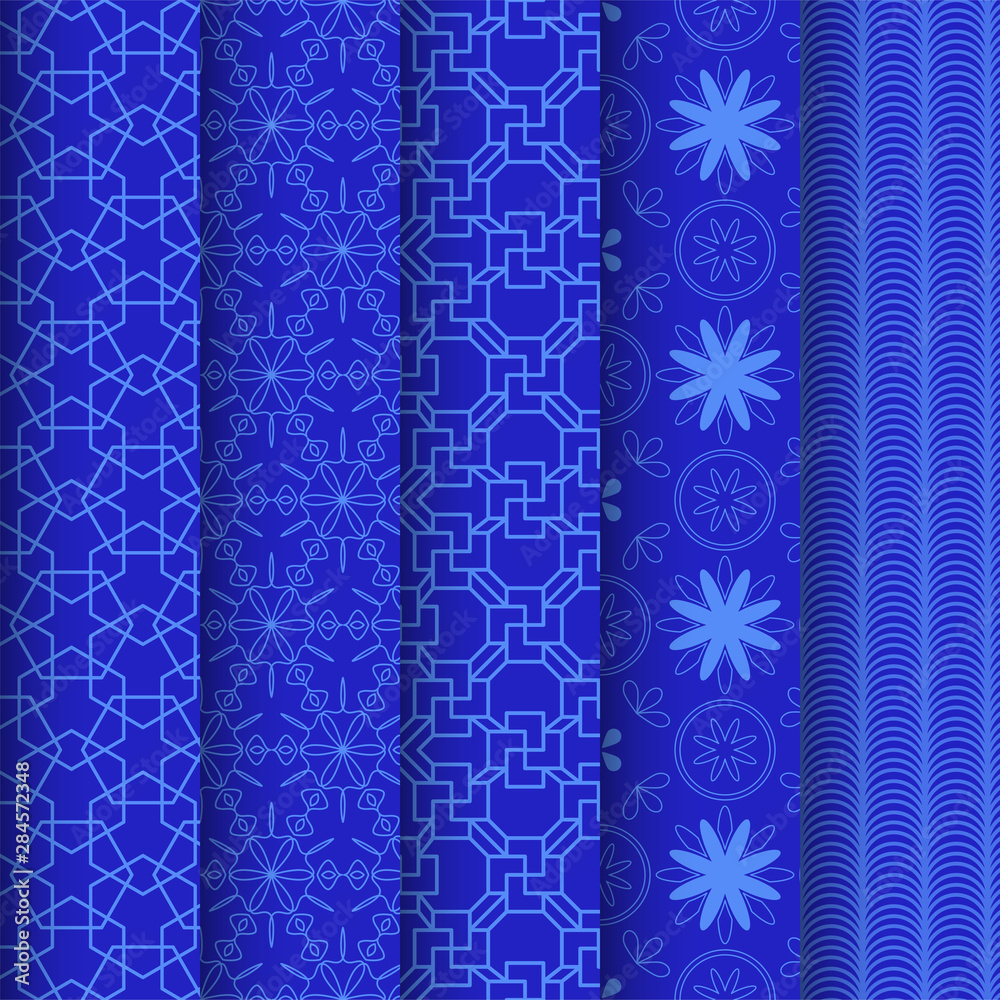 Poster Set of chinese pattern. Modern background design. Vector template set. Vintage abstract seamless chinese traditional pattern. Endless texture for wallpaper, pattern fills, web page, surface textures.
