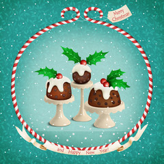Holiday illustration or poster or greeting card for Christmas or New Year with  Christmas Pudding. 