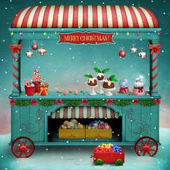 Holiday illustration or poster or greeting card for Christmas or New Year with  vintage market showcase
