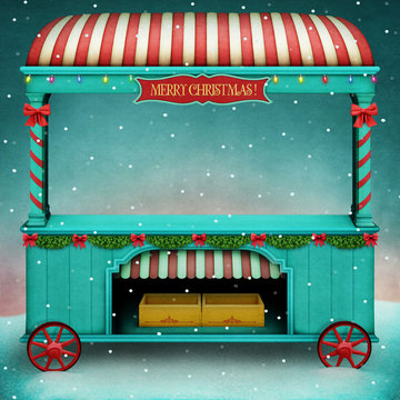 Holiday illustration or poster or greeting card for Christmas or New Year with  vintage market showcase. 