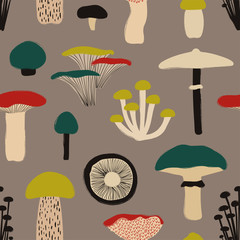 Colorful Seamless Pattern With Mushrooms.
