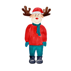 Watercolor deer hipster in sweater, hat, boots. Christmas illustration on white background.
