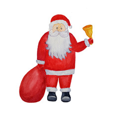 Watercolor Santa Claus standing with bag and bell. Christmas illustration on white background.