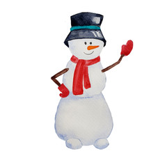 Watercolor christmas illustration with snowman in hat and scarf on white background