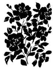 Hand drawn bouquet of flat opulent roses isolated on white. Flowers silhouettes. Floral artwork illustration. Decorative background with large blossom flowers for postcard, print, banner, poster
