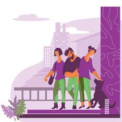 Diverse people standing against the skyscrapers of modern city background flat vector illustration. Fashionable man and women representing urban lifestyle for web site design.