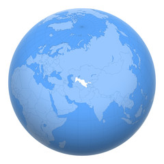 Uzbekistan on the globe. Earth centered at the location of the Republic of Uzbekistan. Map of Uzbekistan. Includes layer with capital cities.