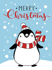 Holiday Christmas greeting poster with cartoon dancing penguin and Merry Christmas lettering.