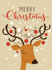 Holiday Christmas greeting poster with cartoon deer and Merry Christmas lettering.