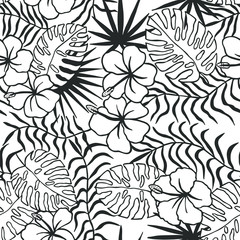 tropical flowers, leaves. seamless pattern. eps 10 vector illustration. hand drawing