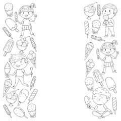 Little children eating ice cream. Summer vacation. Sweet fruit desert.