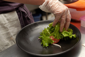 Cook puts food on a plate