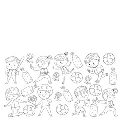 Children and sport. Vector illustration of activities. Football, soccer, running, dancing, martial arts. Health care in school and kindergarten.