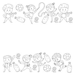 Children and sport. Vector illustration of activities. Football, soccer, running, dancing, martial arts. Health care in school and kindergarten.