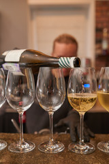 Bartender pours white wine
