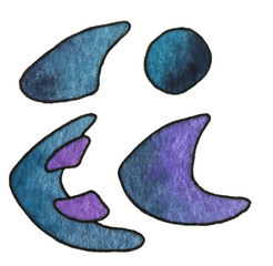 Abstract space element set purple and indigo color. Hand drawn watercolour painting on white background clip art graphic elements for creative design and printable decor, for design, layouts, logo.