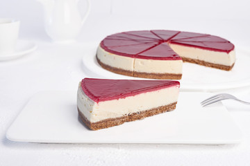 Tasty cheesecake on a white plate