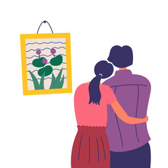 A girl and a guy spend time together. Cultural leisure in the art gallery. EPS 10 vector editable illustration