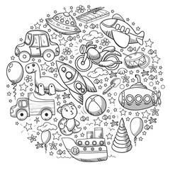 Baby toy set. Vector flat style cartoon illustration. Wooden and plastic toys, fun and activity. Kindergarten, nursery.