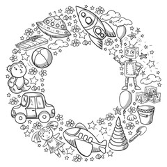 Baby toy set. Vector flat style cartoon illustration. Wooden and plastic toys, fun and activity. Kindergarten, nursery.