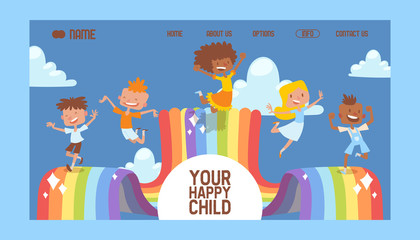 Happy childhood banner website design vector illustration. Multiracial school kids, children. Boys and girls jumping. Funny cartoon characters. Colorful curved rainbow in sky with clouds.