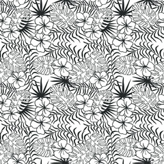 tropical flowers, leaves. seamless pattern. eps 10 vector illustration. hand drawing