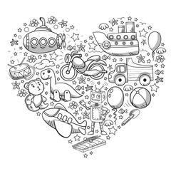 Baby toy set. Vector flat style cartoon illustration. Wooden and plastic toys, fun and activity. Kindergarten, nursery.