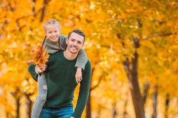 Family of dad and kid on beautiful autumn day in the park