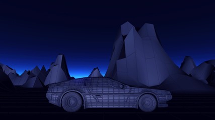 Futuristic Cyberpunk car in 80s style moves on a virtual landscape. 3d illustration