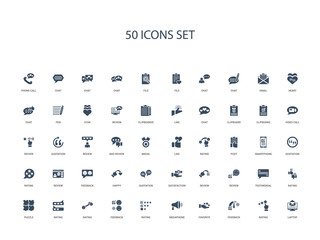 50 filled concept icons such as laptop, rating, feedback, favorite, megaphone, rating, feedback,rating, rating, puzzle, testimonial, review