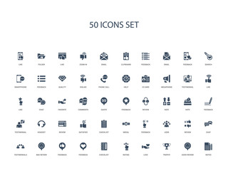 50 filled concept icons such as notes, good review, trophy, love, rating, checklist, feedback,feedback, bad review, testimonials, chat, review, user