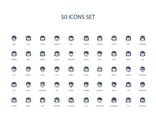 50 filled concept icons such as surprised, sca, superhero, gentleman, sca, laughing, confused,sad, happy, yelling, gentleman, sad, happy