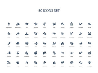 50 filled concept icons such as artichoke, banana, cauliflower, berries, onion, raspberry, orange,ginger, apple, grapes, peanut, tomato, lemon
