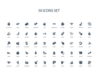 50 filled concept icons such as grapes, cabbage, banana, mango, potato, avocado, lemon,strawberry, carrot, mushroom, carambola, lettuce, durian