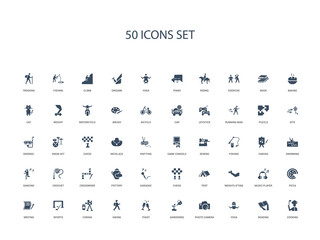 50 filled concept icons such as cooking, reading, yoga, photo camera, gardening, toast, hiking,cinema, sports, writing, pizza, music player, weightlifting